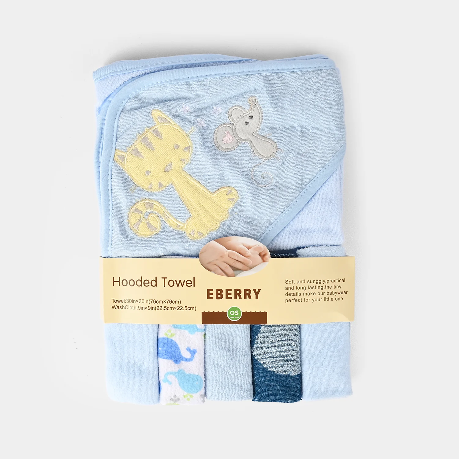 Baby Hooded Bath Towel + Washcloths 5Pcs - Image 3