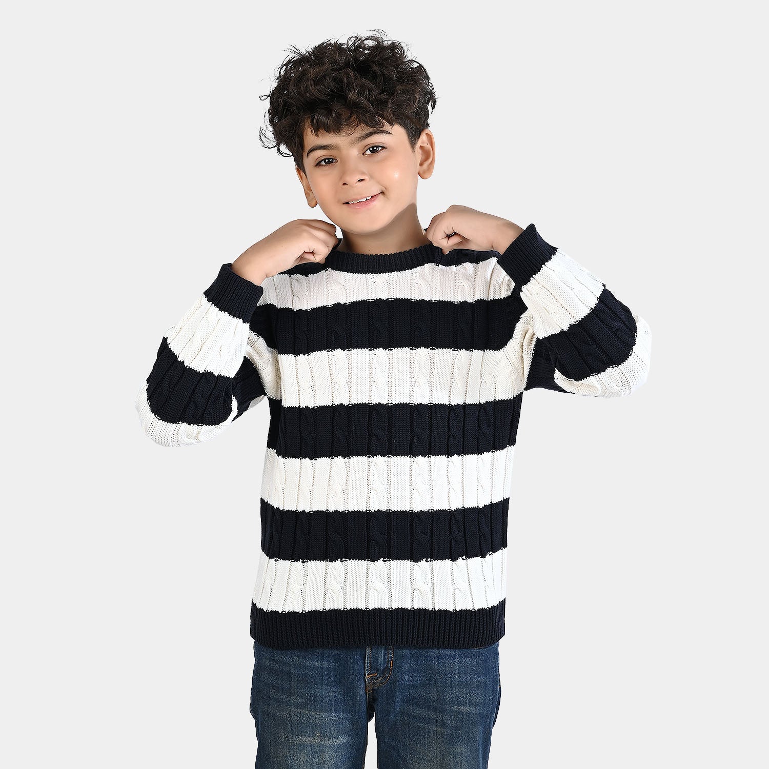Boys Acrylic Sweater-Mono Chrome - Nvy.White - Image 3