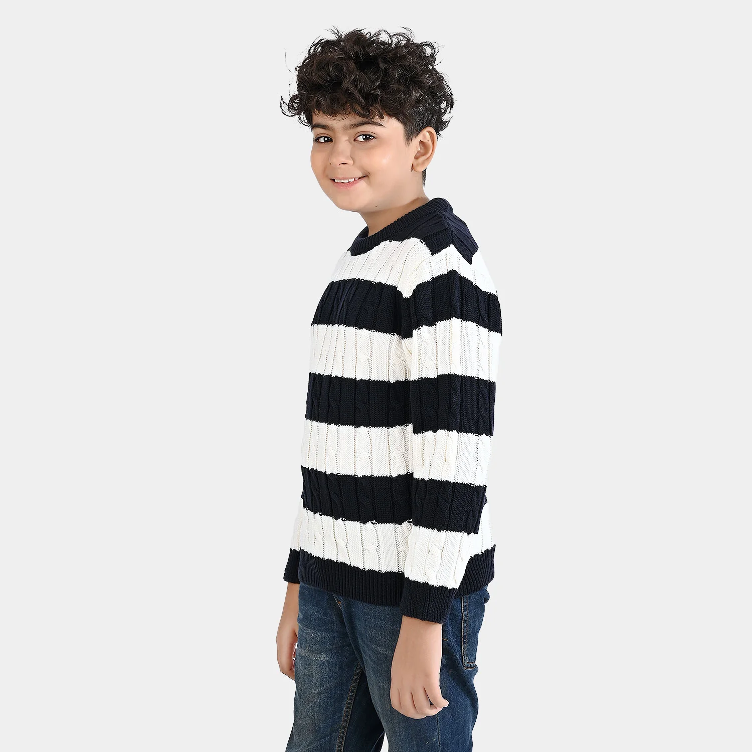 Boys Acrylic Sweater-Mono Chrome - Nvy.White - Image 5