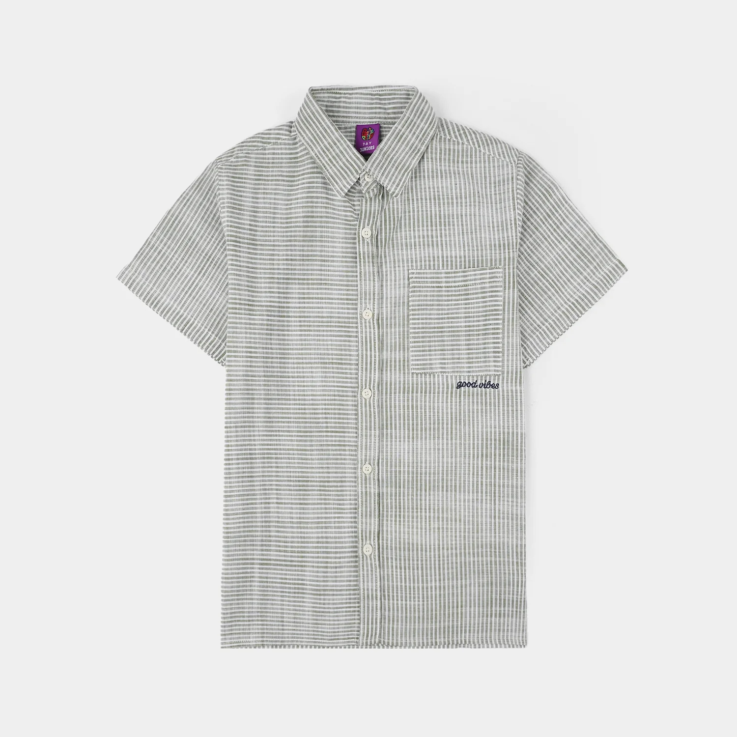 Boys Yarn Dyed Casual Shirt (Good Vibes) - Grey