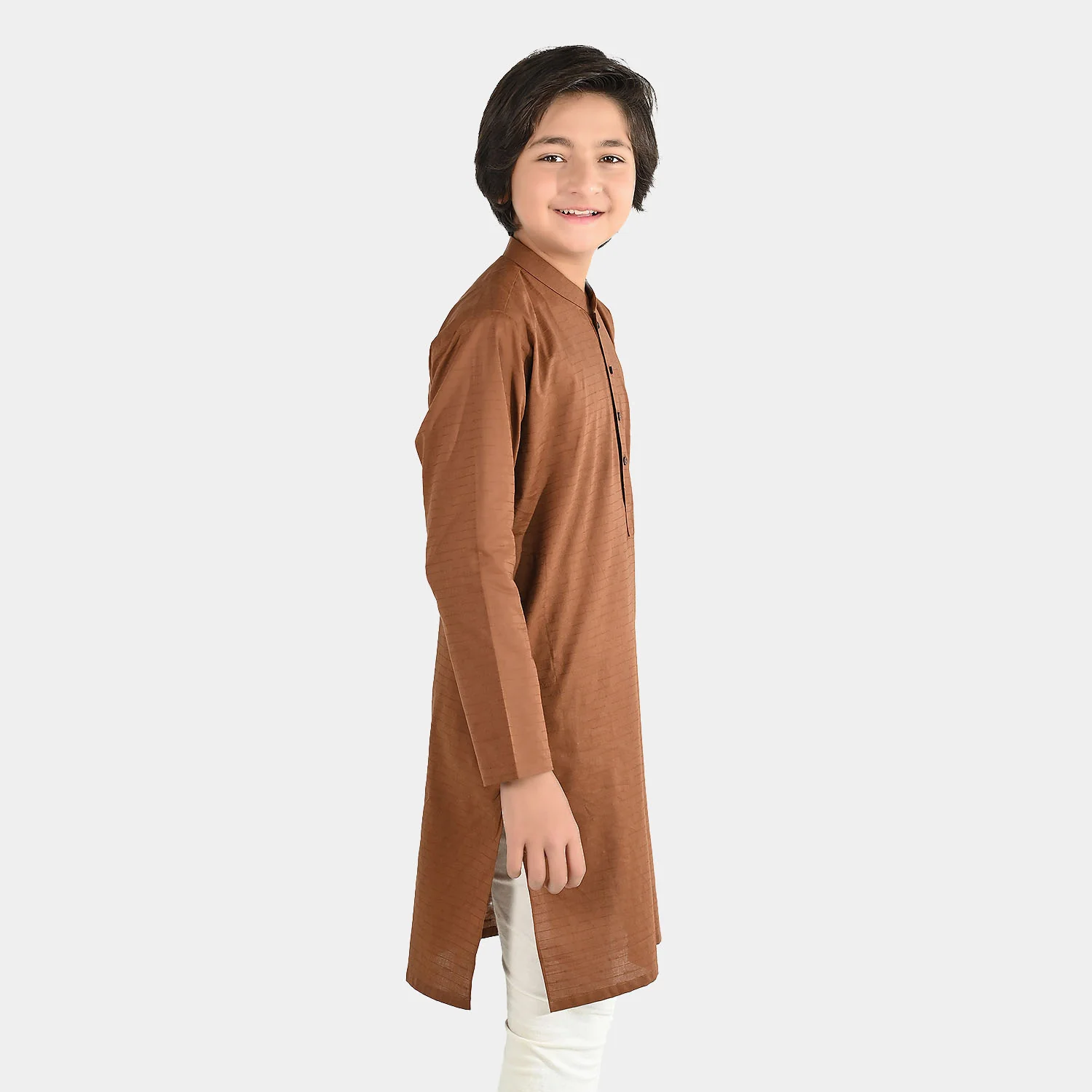Boys Cotton Jacquard Basic Kurta - Cambridge Brown - Image 3