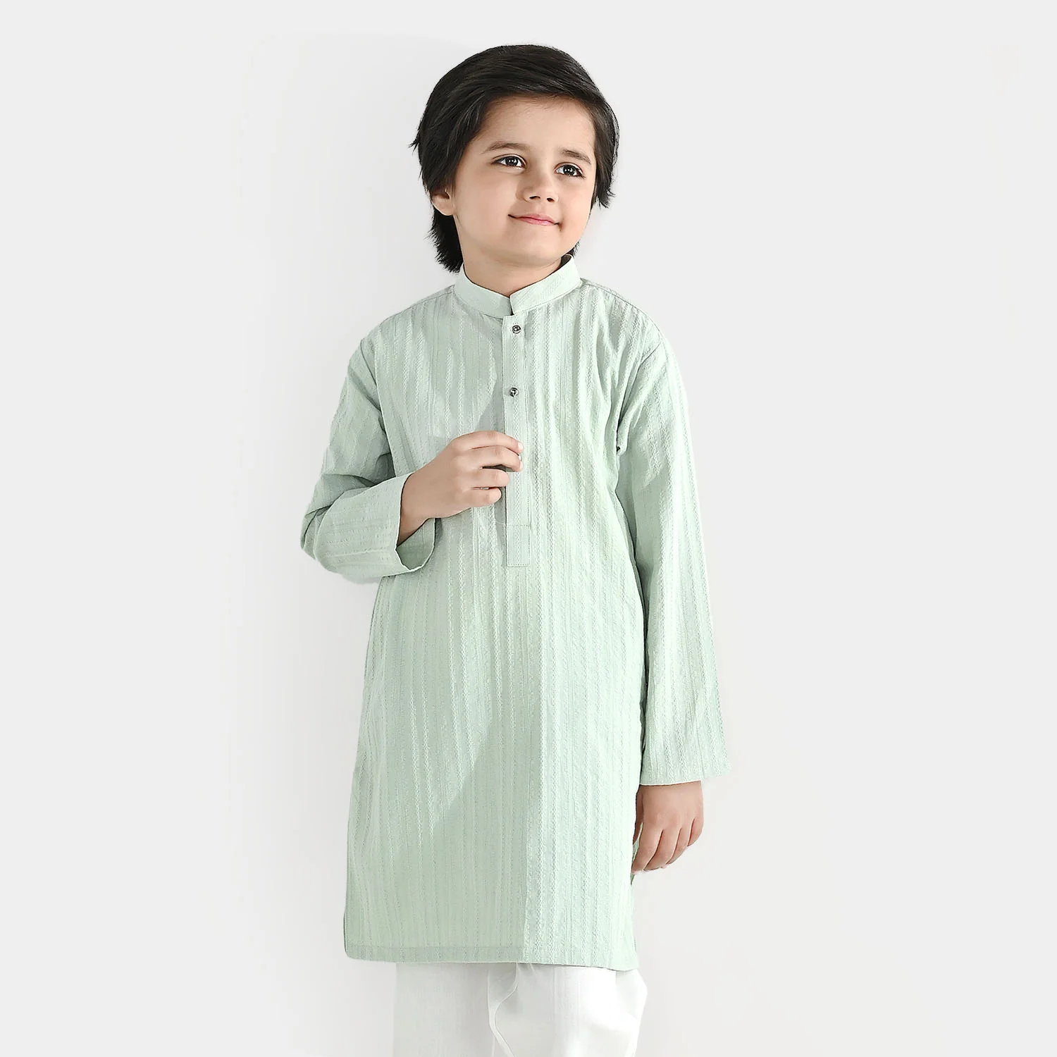 Boys Cotton Jacquard Basic Kurta (Dobby) - Green - Image 2