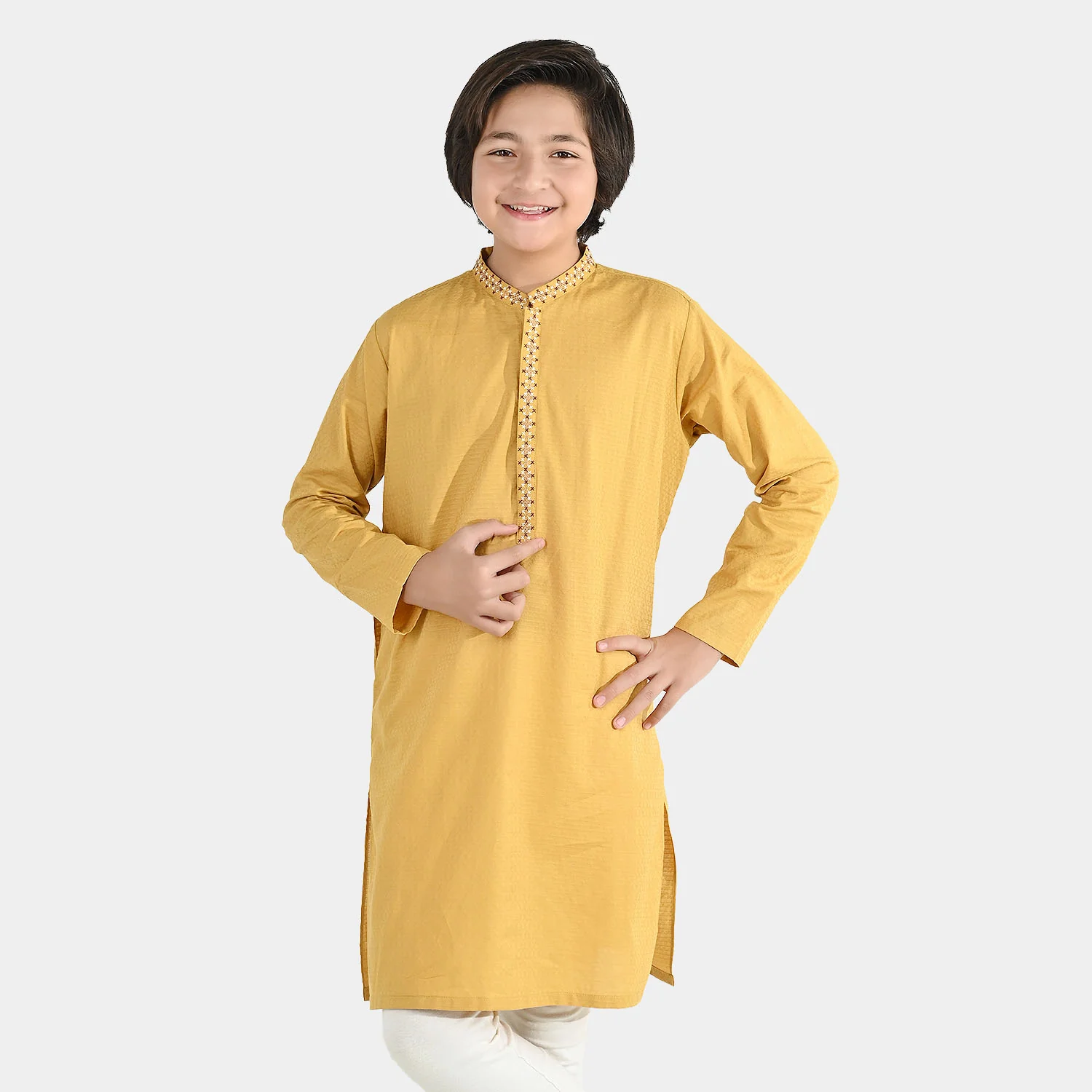 Boys Cotton Jacquard Embroidered Kurta (Honey Mustard) - Yellow - Image 2