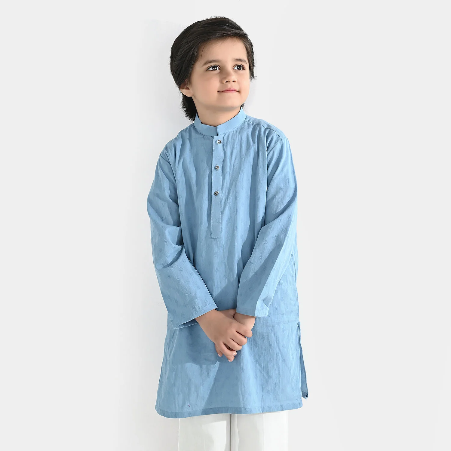 Boys Cotton Jacquard Kurta - Light Blue - Image 2