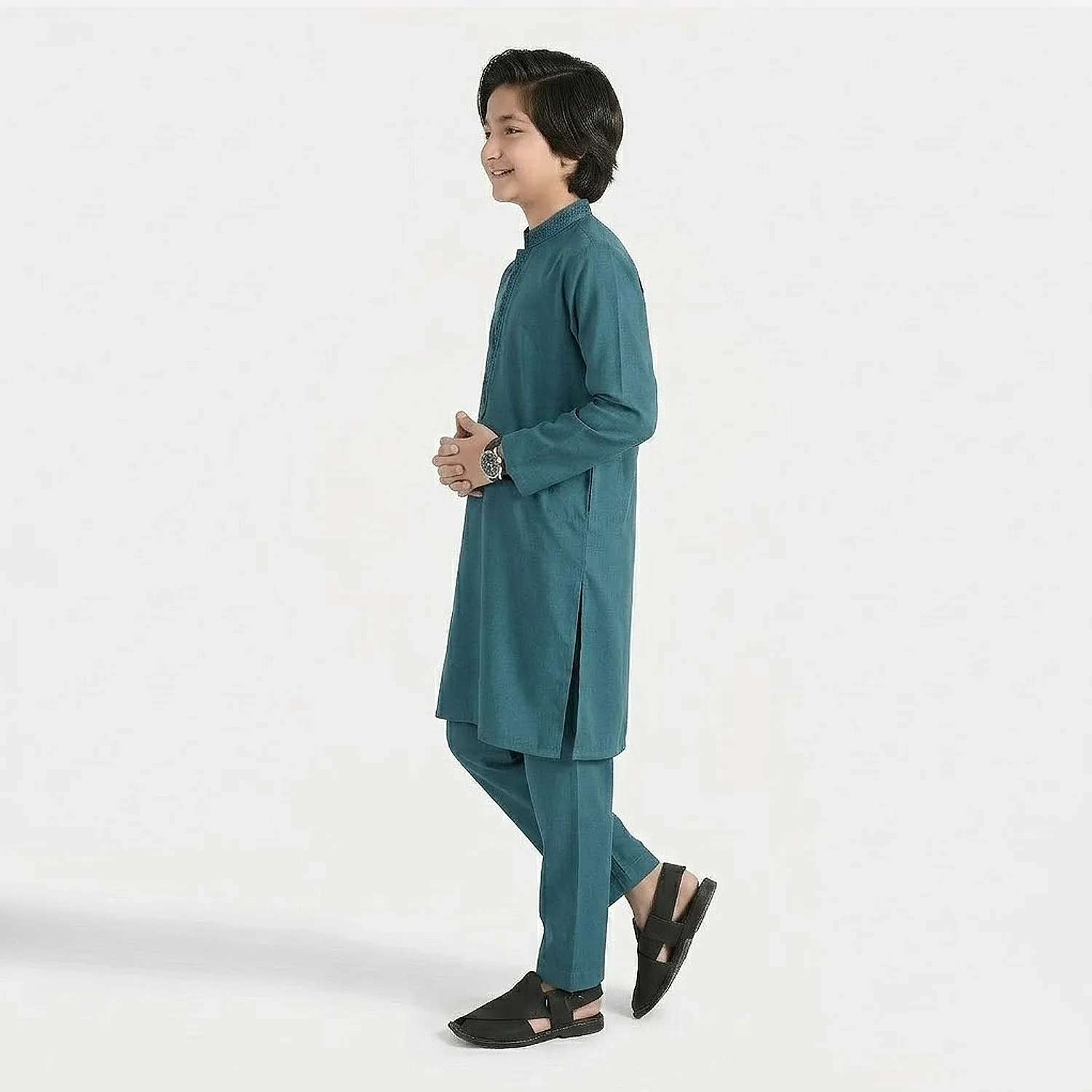 Boys Cotton Jacquard Kurta Pajama (Flora) - Teal - Image 2