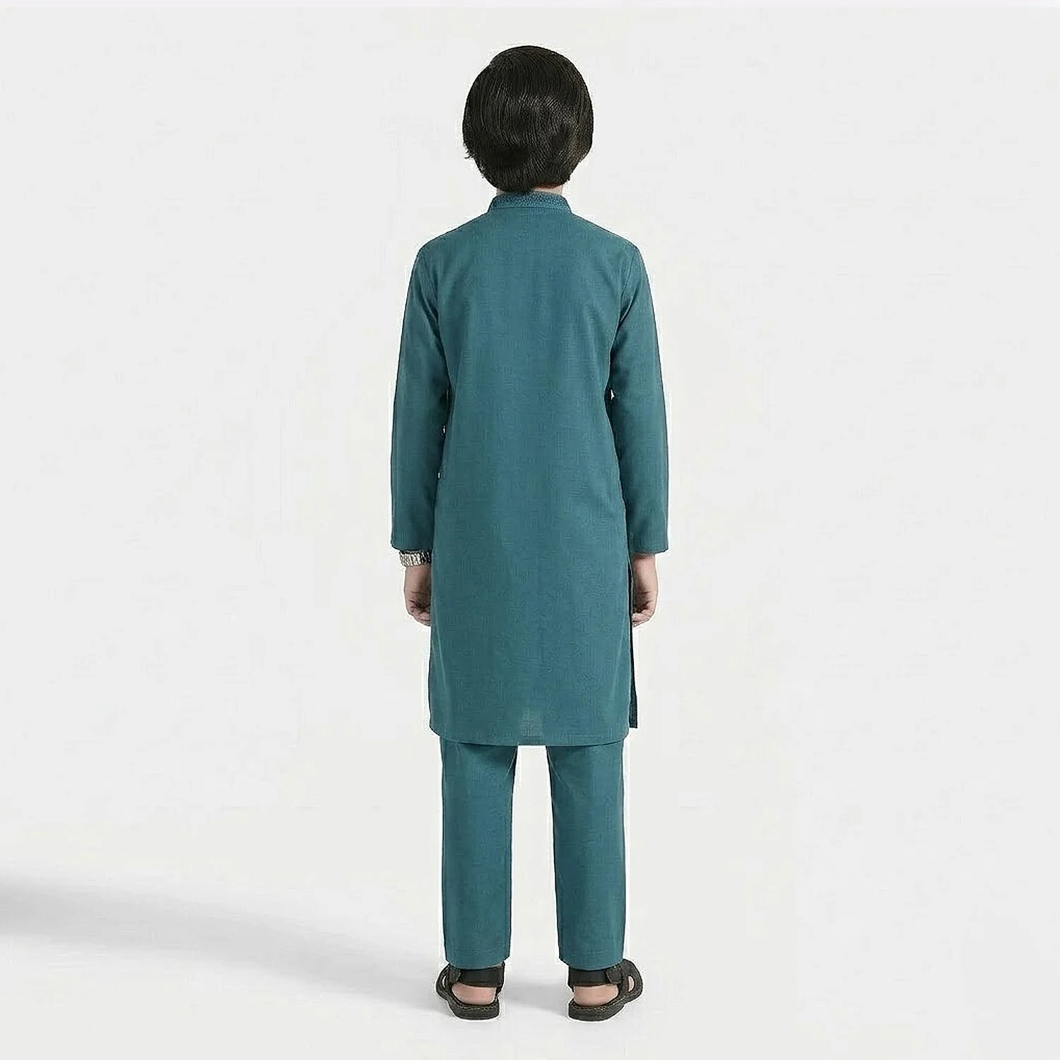 Boys Cotton Jacquard Kurta Pajama (Flora) - Teal - Image 4