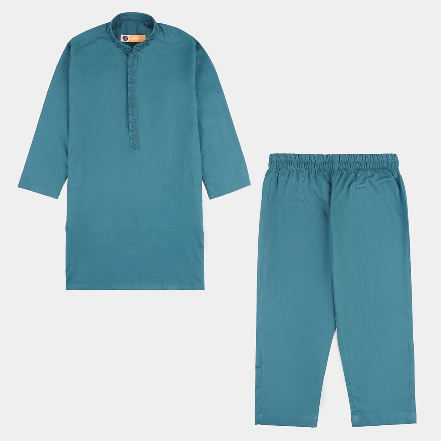 Boys Cotton Jacquard Kurta Pajama (Flora) - Teal - Image 5