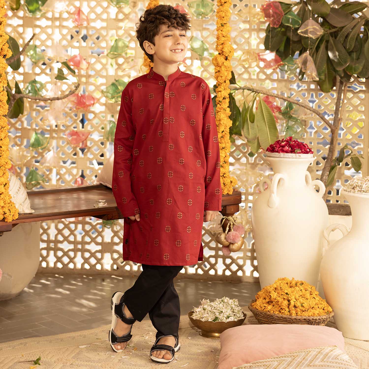 Boys Cotton Jacquard Printed Kurta (Ornamental) - Red - Image 2