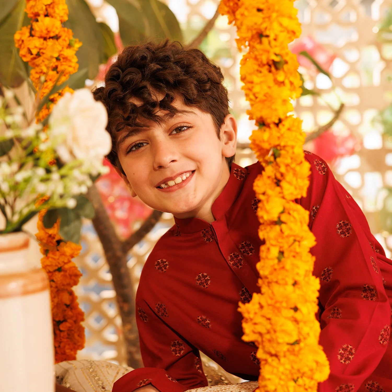 Boys Cotton Jacquard Printed Kurta (Ornamental) - Red - Image 3