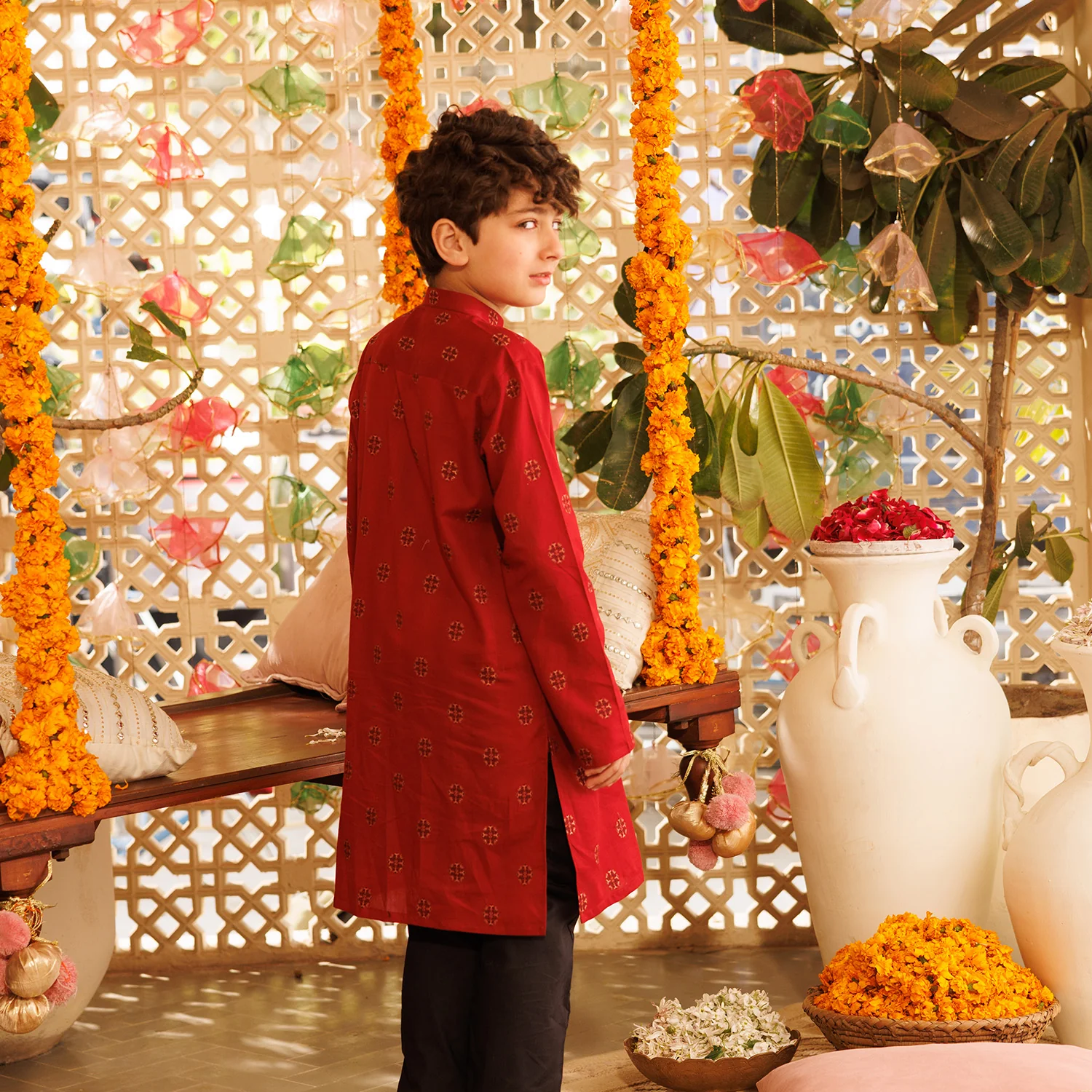 Boys Cotton Jacquard Printed Kurta (Ornamental) - Red - Image 4