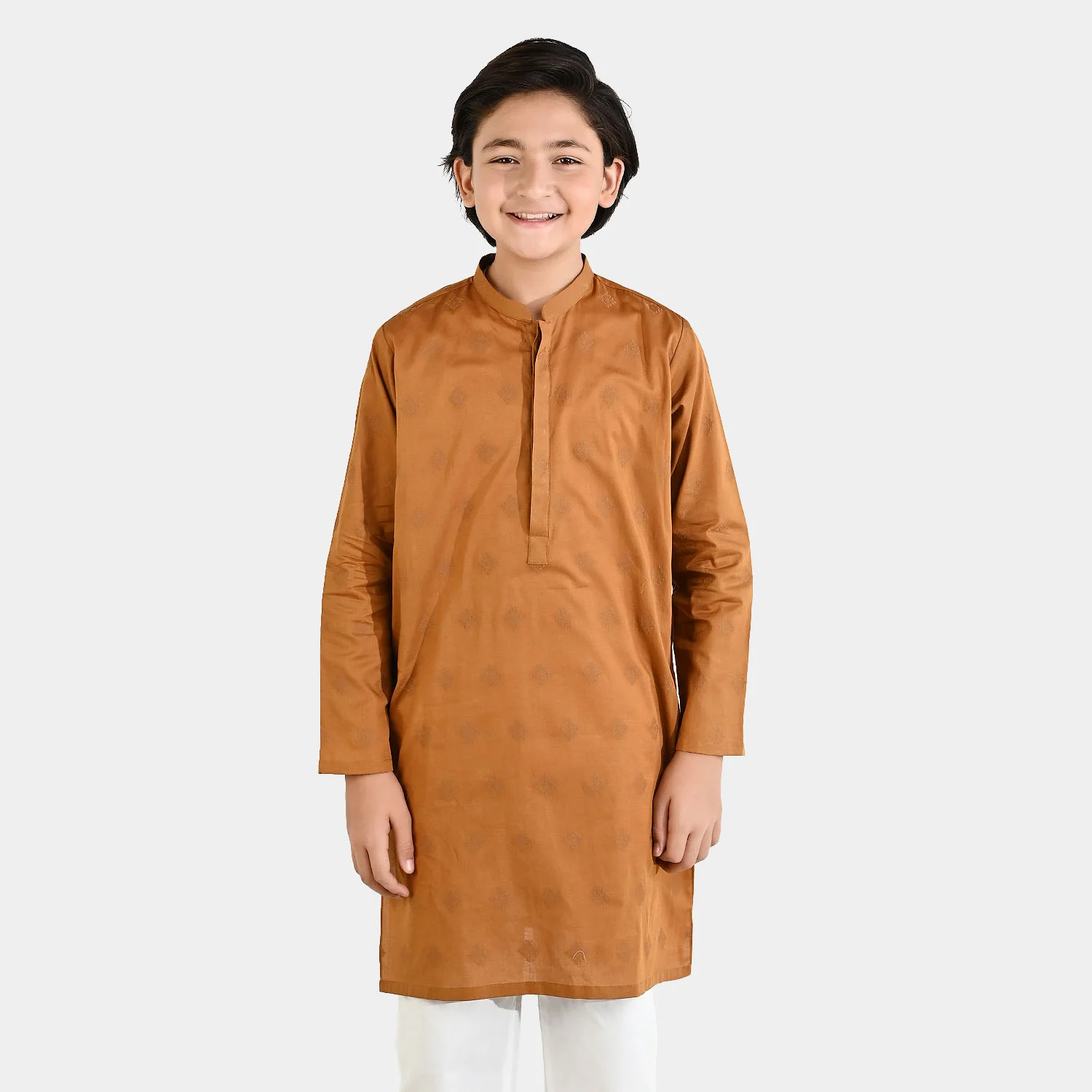 Boys Cotton Jacquard Printed Kurta (Tone on Tone) - Rust