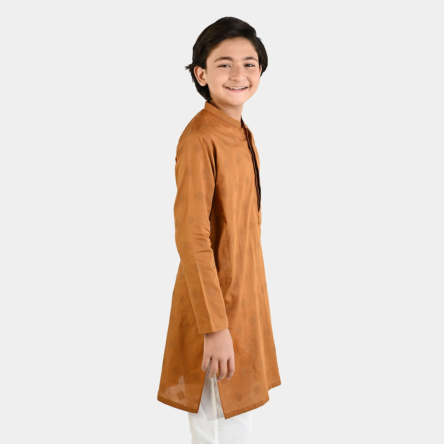 Boys Cotton Jacquard Printed Kurta (Tone on Tone) - Rust - Image 3