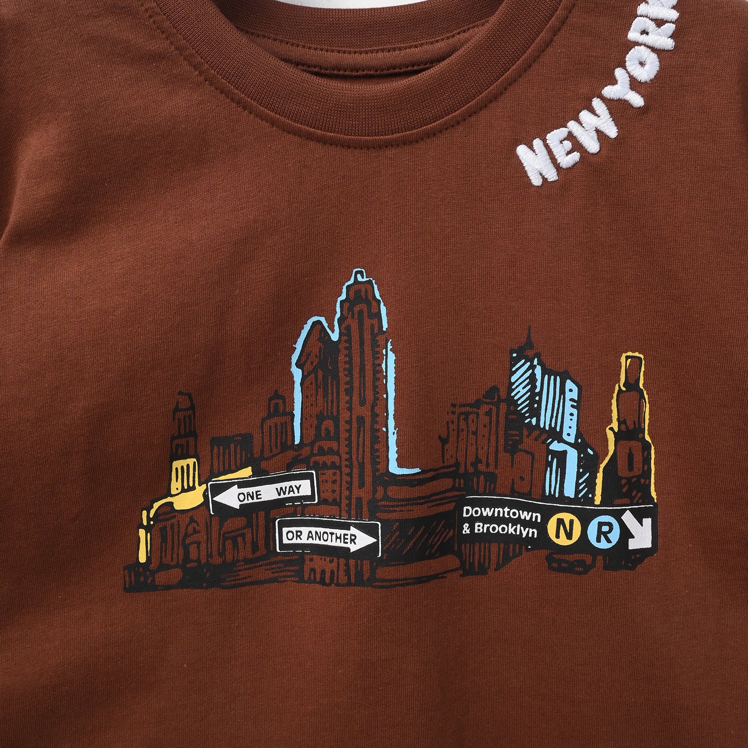 Boys Cotton Jersey T-Shirt (GODD VIBES) - Brown - Image 2