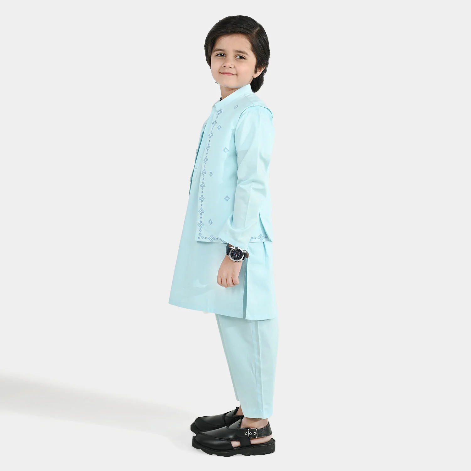 Boys Cotton Poplin 3Piece Suit (Cross Stitch) - Light Blue - Image 2