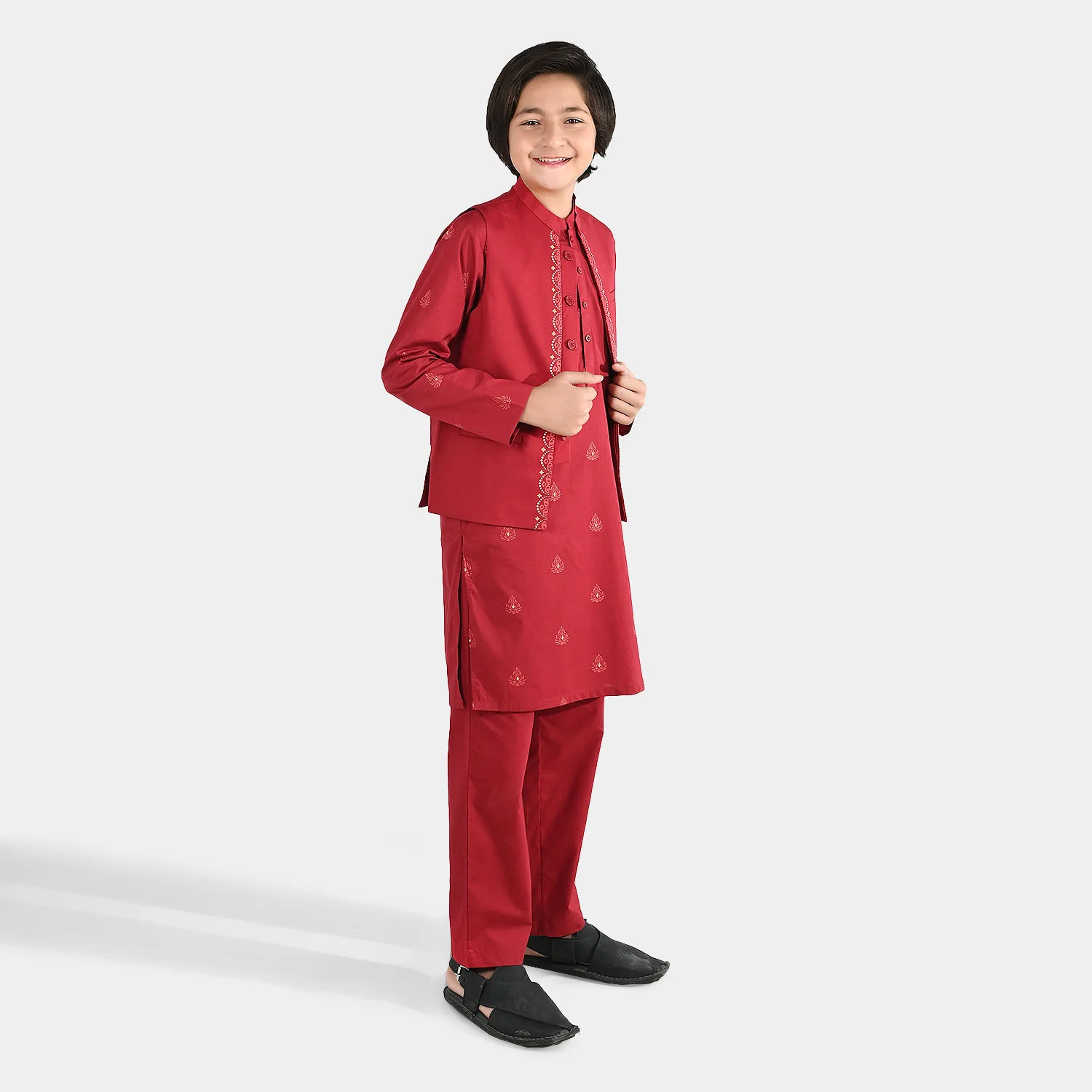 Boys Cotton Poplin Printed 3-Piece Suit (Rung Saz) - Red - Image 2