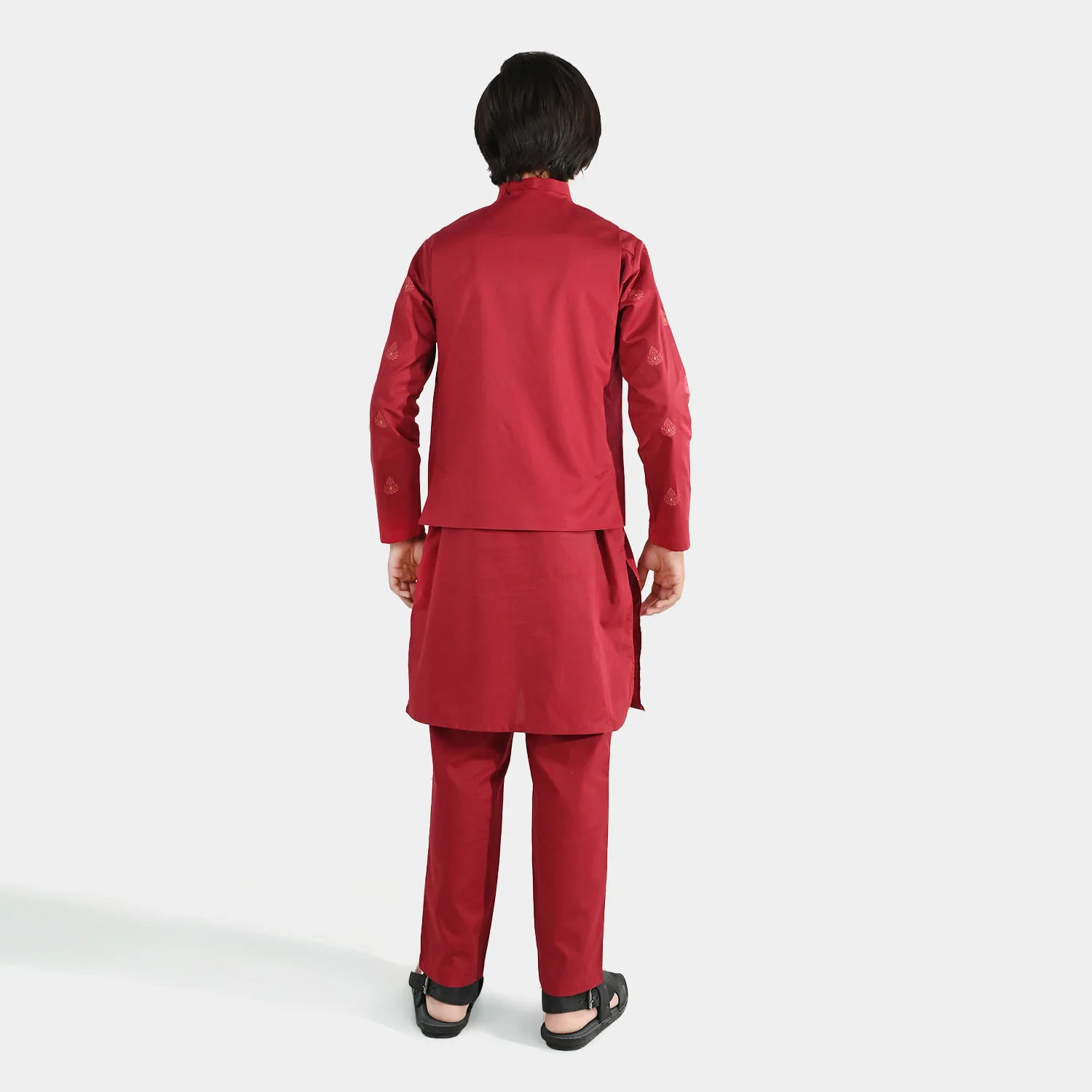 Boys Cotton Poplin Printed 3-Piece Suit (Rung Saz) - Red - Image 3