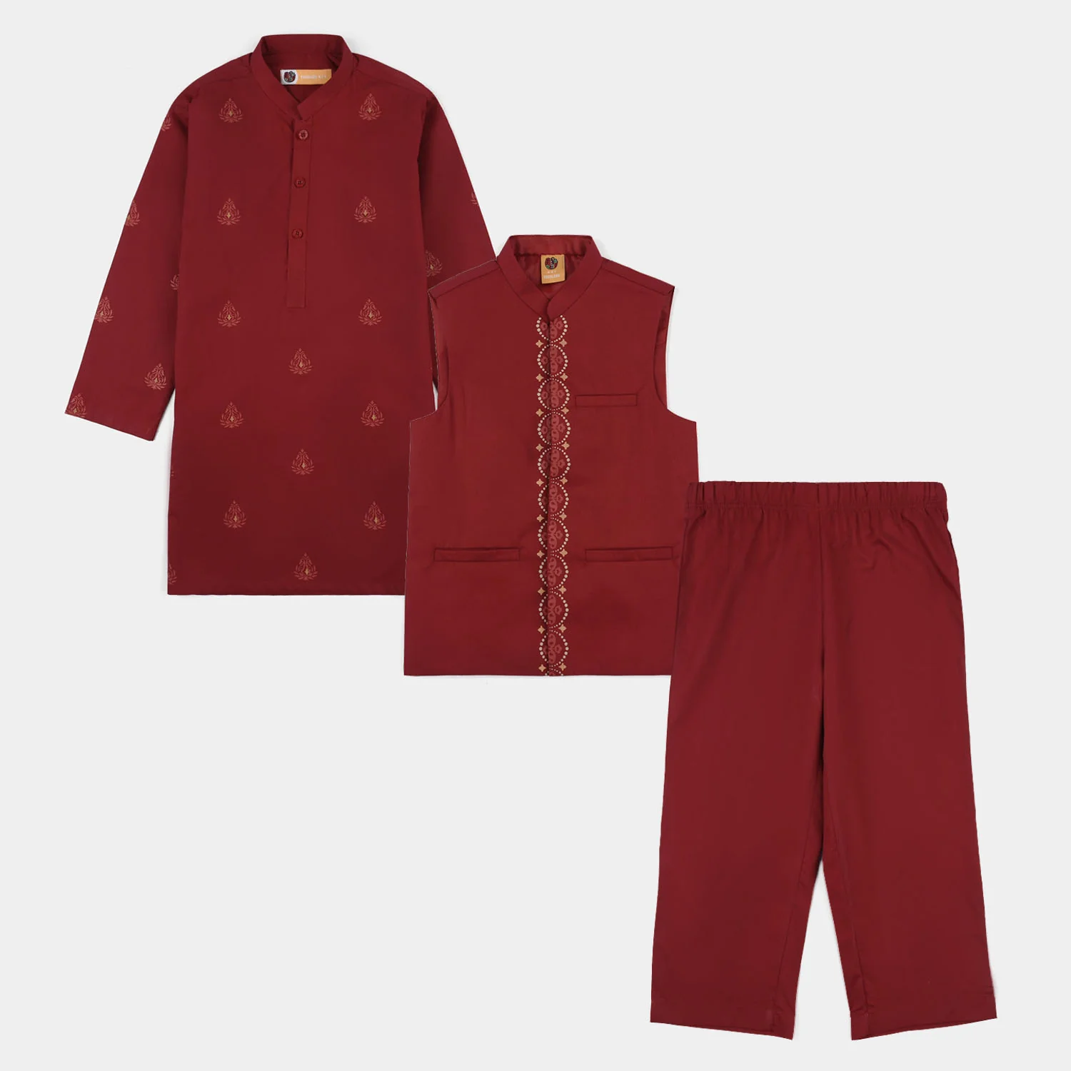 Boys Cotton Poplin Printed 3-Piece Suit (Rung Saz) - Red - Image 4