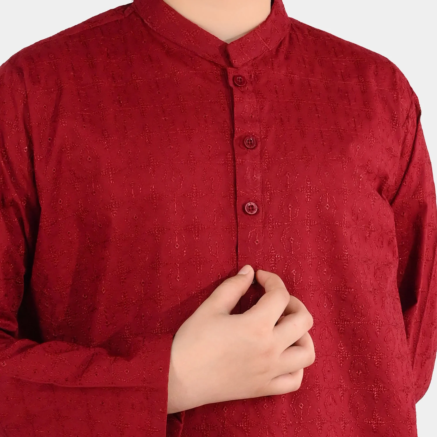 Boys Cotton Poplin Embroidered Kurta (Winery Chicken Kari) - Maroon - Image 2