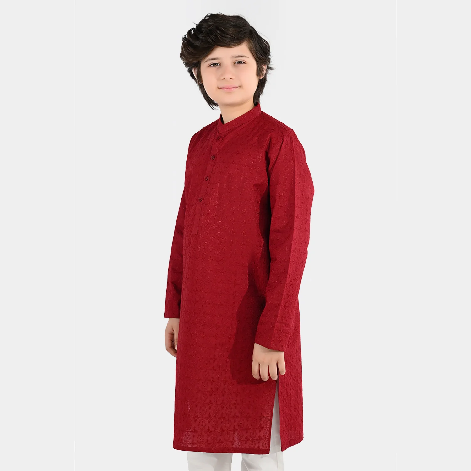Boys Cotton Poplin Embroidered Kurta (Winery Chicken Kari) - Maroon - Image 4