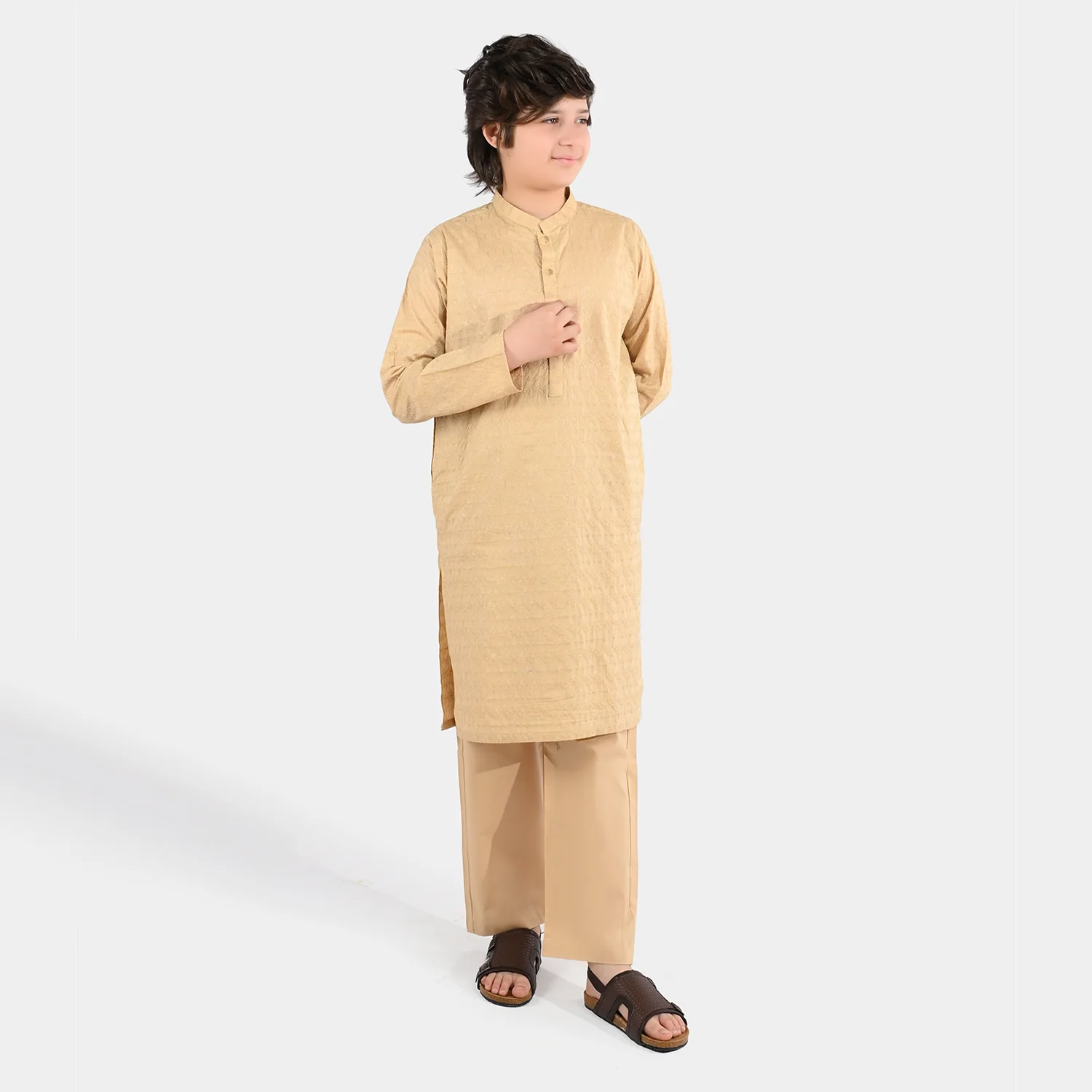 Boys Cotton Poplin Kurta Pajama (Chicken Kari) - Beige