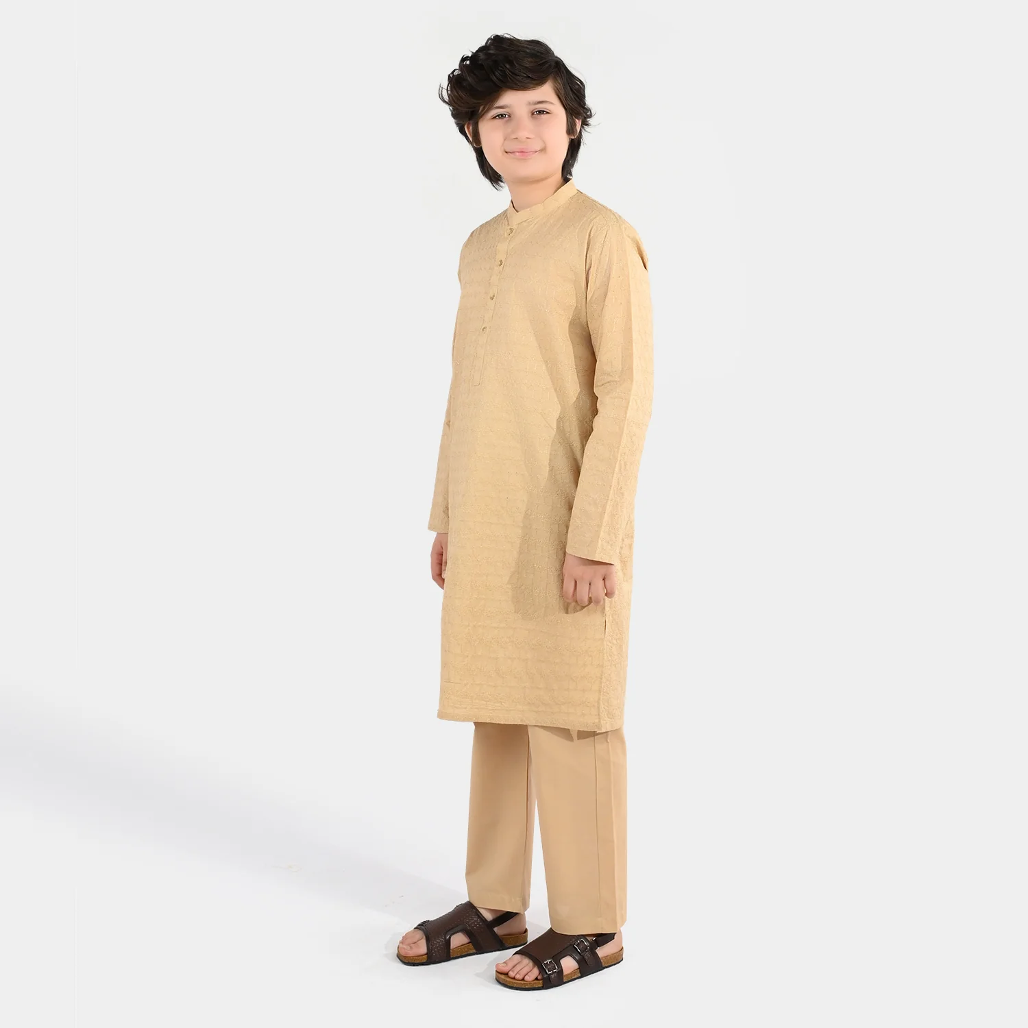 Boys Cotton Poplin Kurta Pajama (Chicken Kari) - Beige - Image 5
