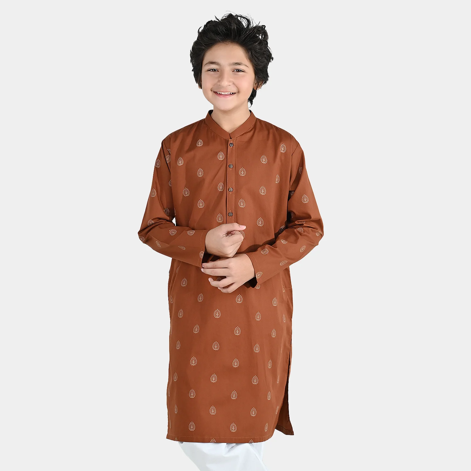 Boys Cotton Poplin Printed Kurta (Brown Blended) - Image 3