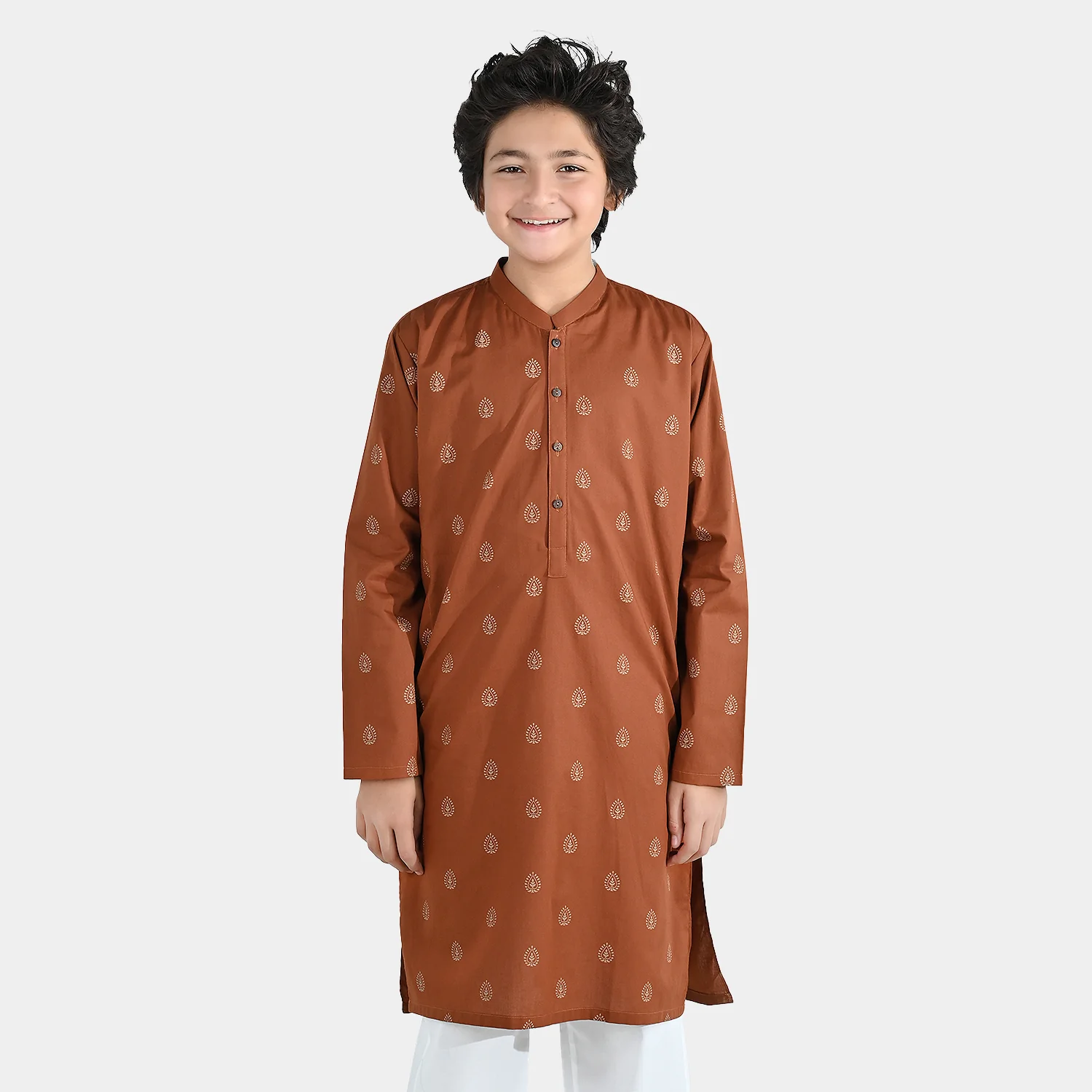 Boys Cotton Poplin Printed Kurta (Brown Blended) - Image 4
