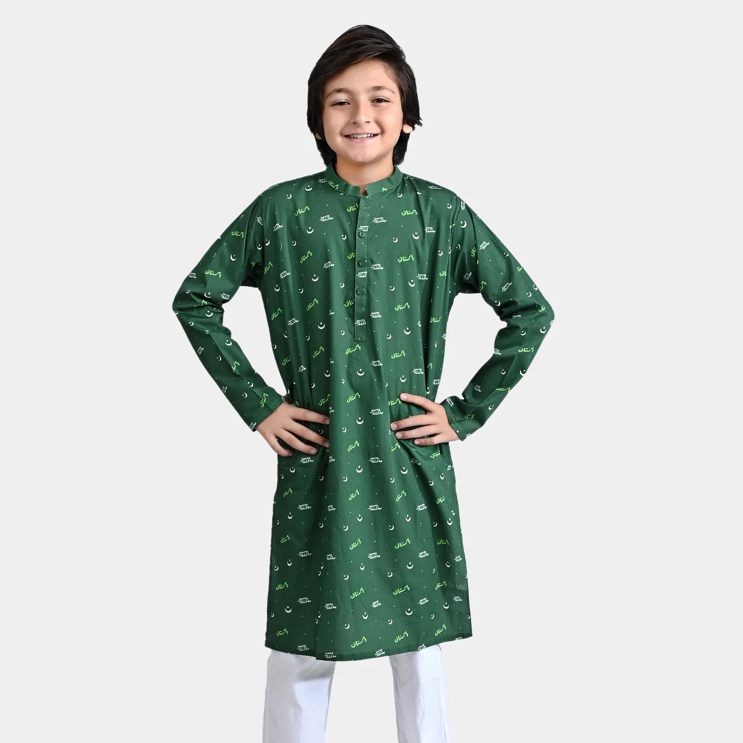Boys Cotton Poplin Printed Kurta (Jeevey Pakistan)-Green - Image 4