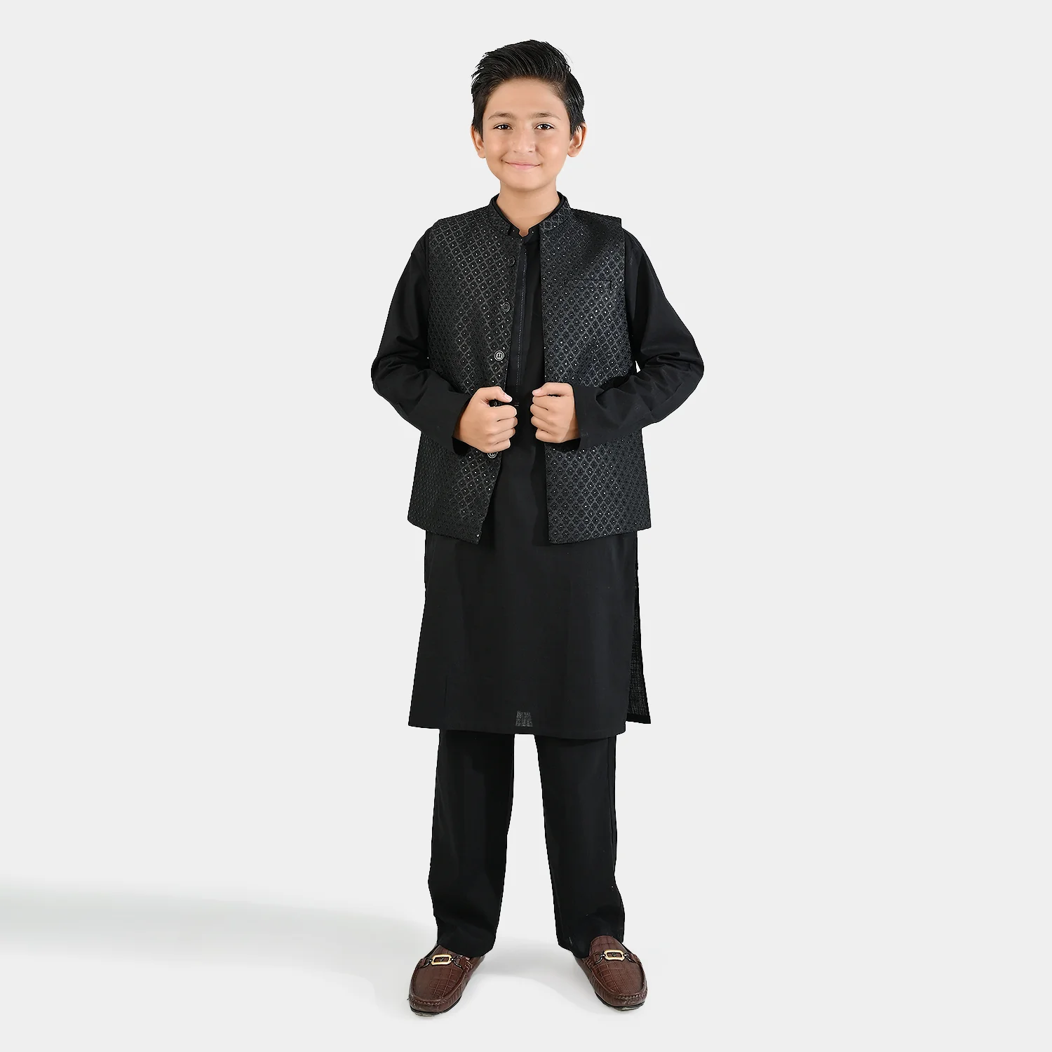 Boys Cotton Slub 3 Piece suit - Black - Image 3