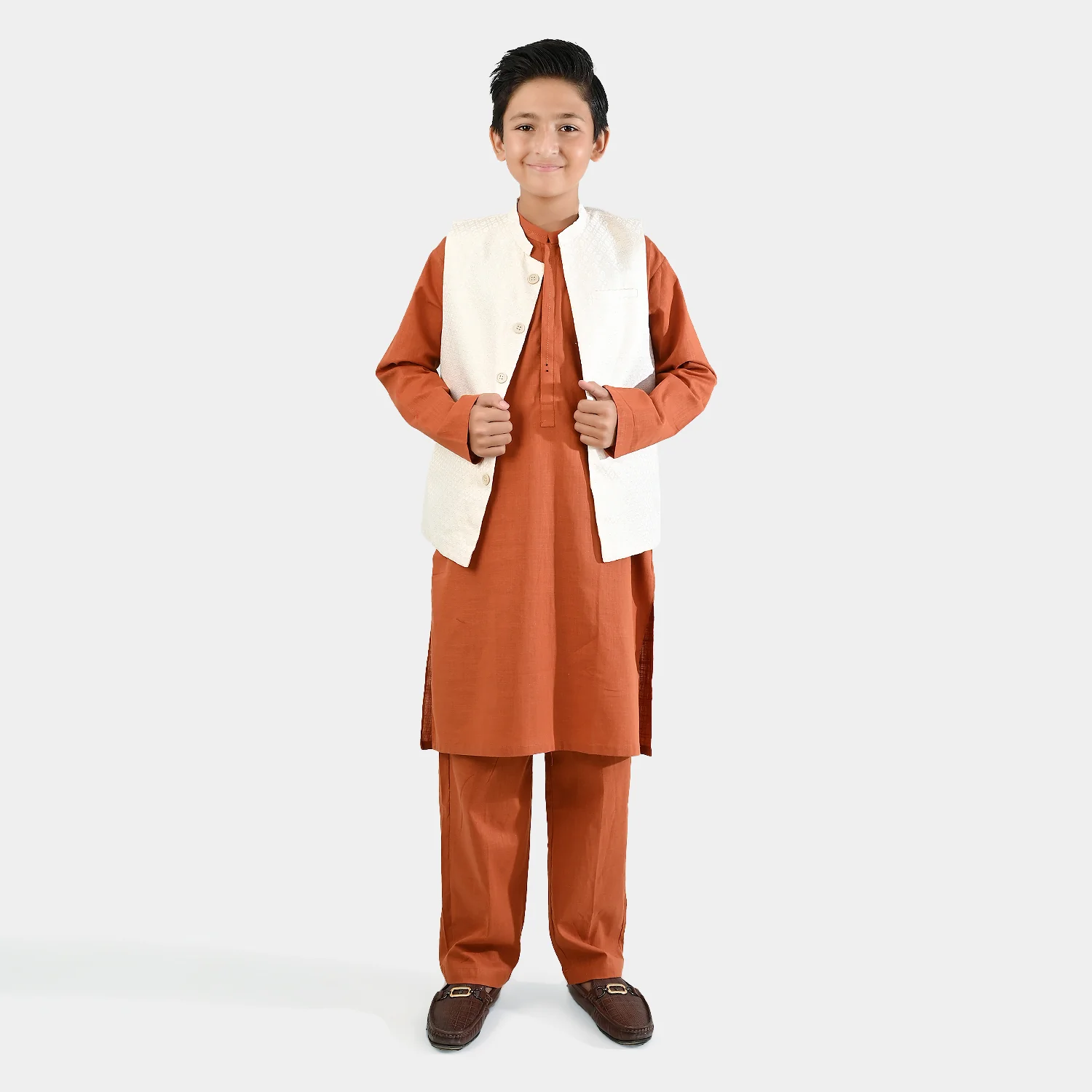 Boys Cotton Slub 3Piece Suit (Bombay Brown) - Rust - Image 3