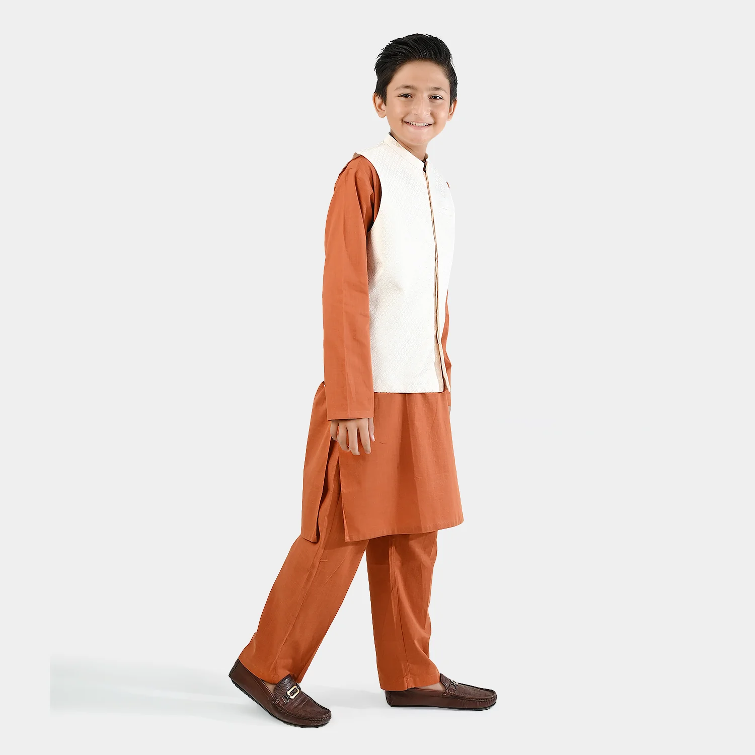 Boys Cotton Slub 3Piece Suit (Bombay Brown) - Rust - Image 4
