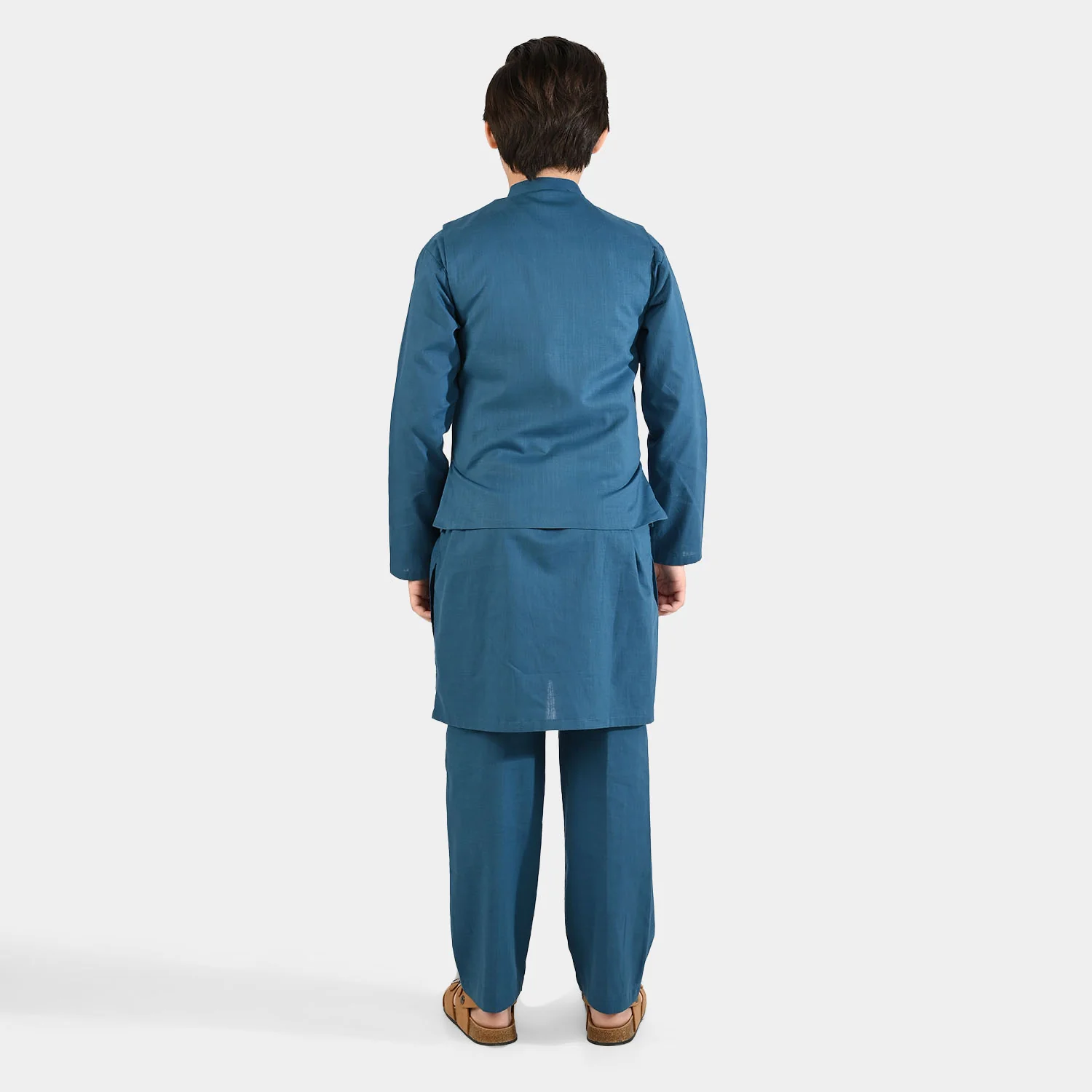 Boys Cotton Slub 3Piece Suit (Puff Motif)-Teal - Image 4