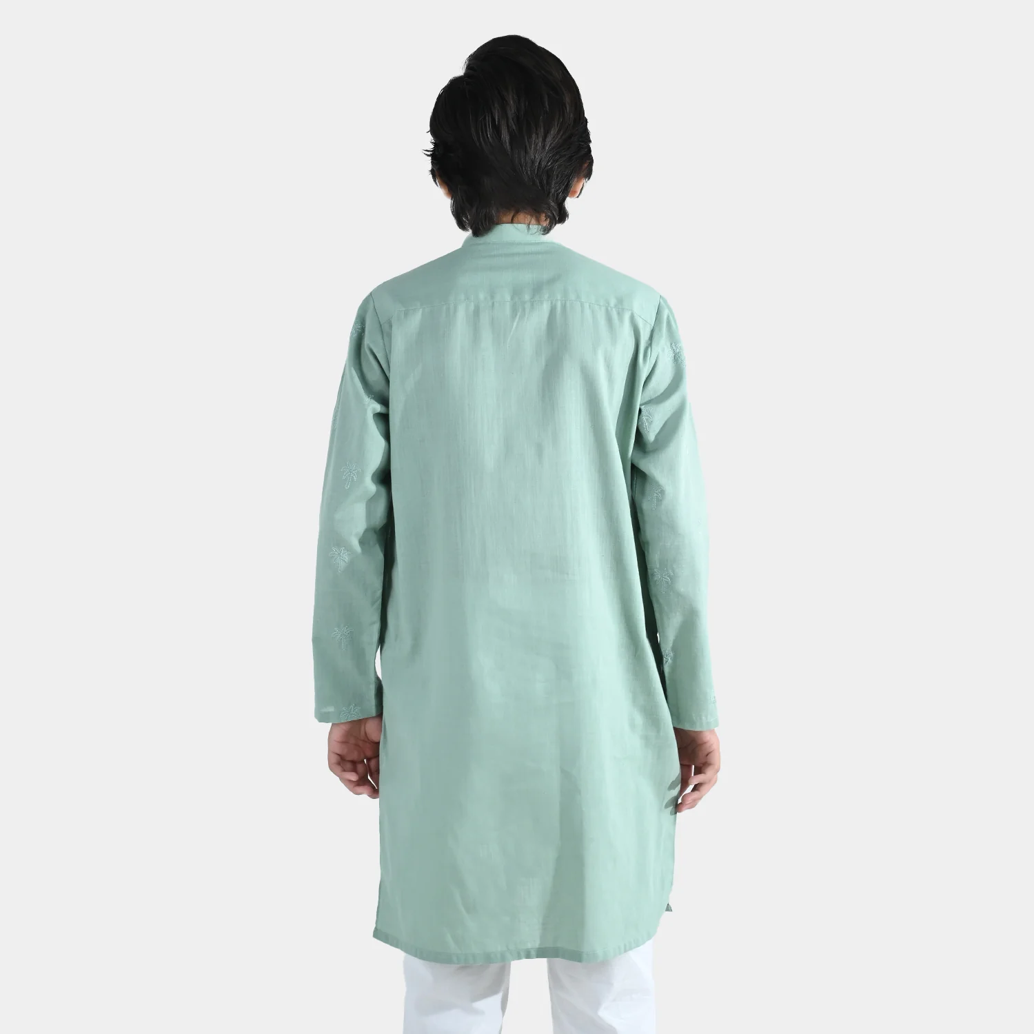 Boys Cotton Slub Embroidered Kurta (Palm Tree) - Light Green - Image 8