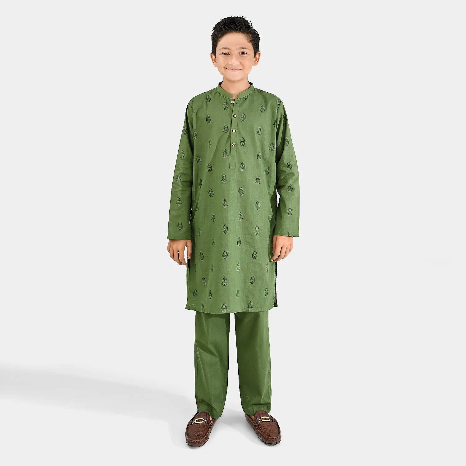 Boys Cotton Slub Kurta Pajama (Elm Green) - GREEN