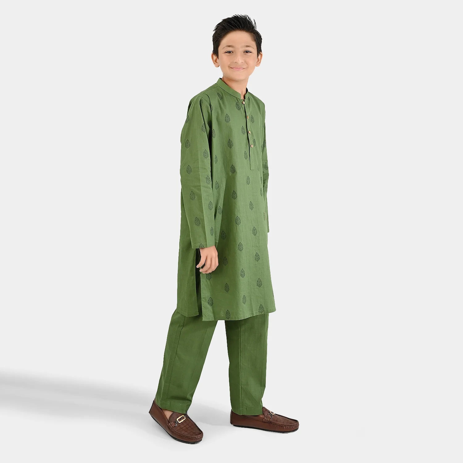 Boys Cotton Slub Kurta Pajama (Elm Green) - GREEN - Image 2