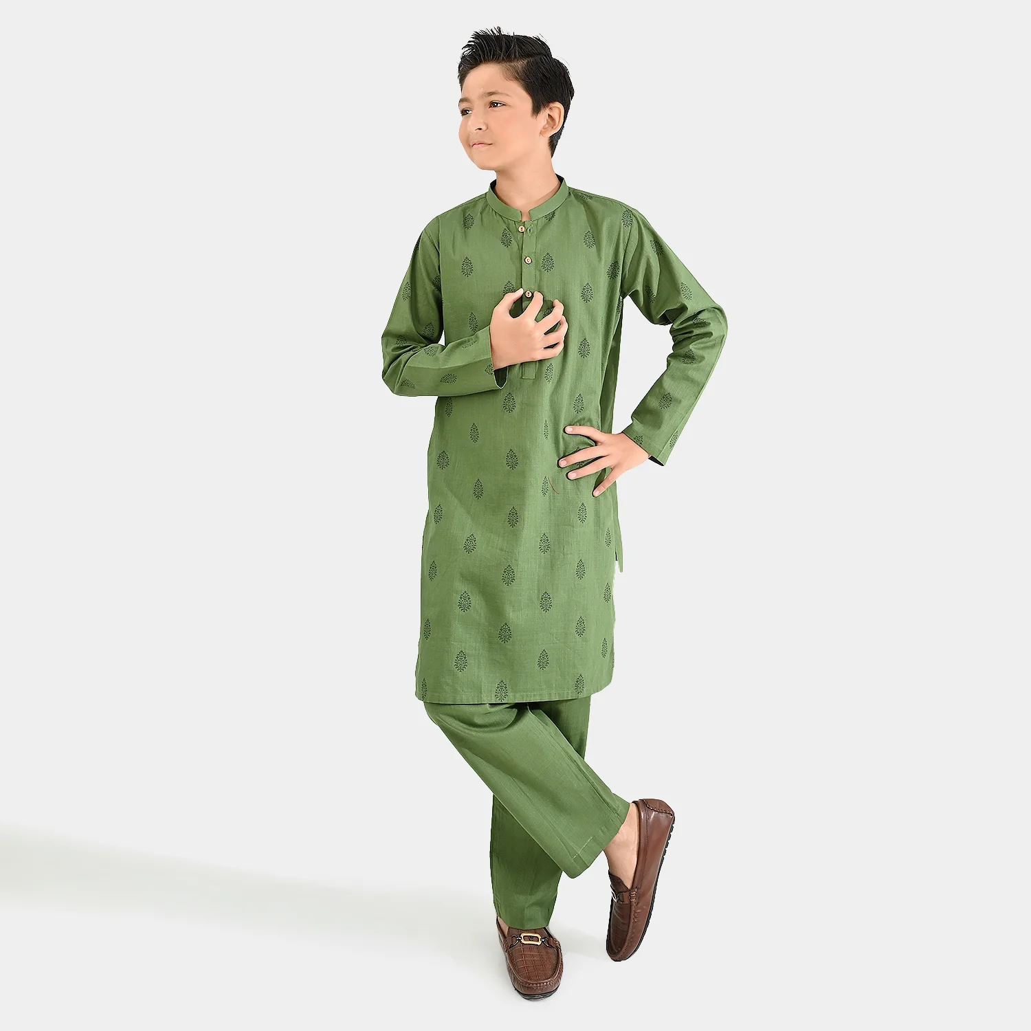 Boys Cotton Slub Kurta Pajama (Elm Green) - GREEN - Image 3