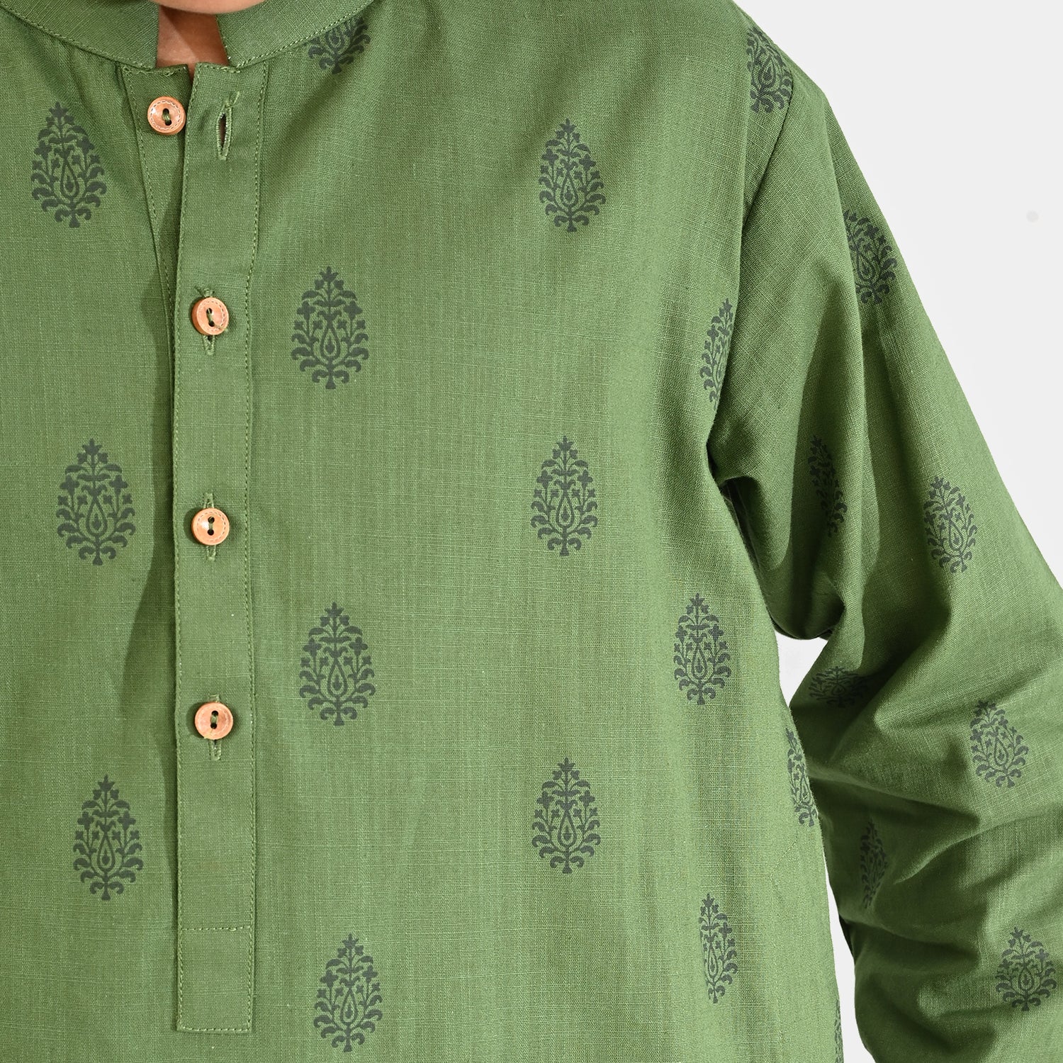 Boys Cotton Slub Kurta Pajama (Elm Green) - GREEN - Image 4