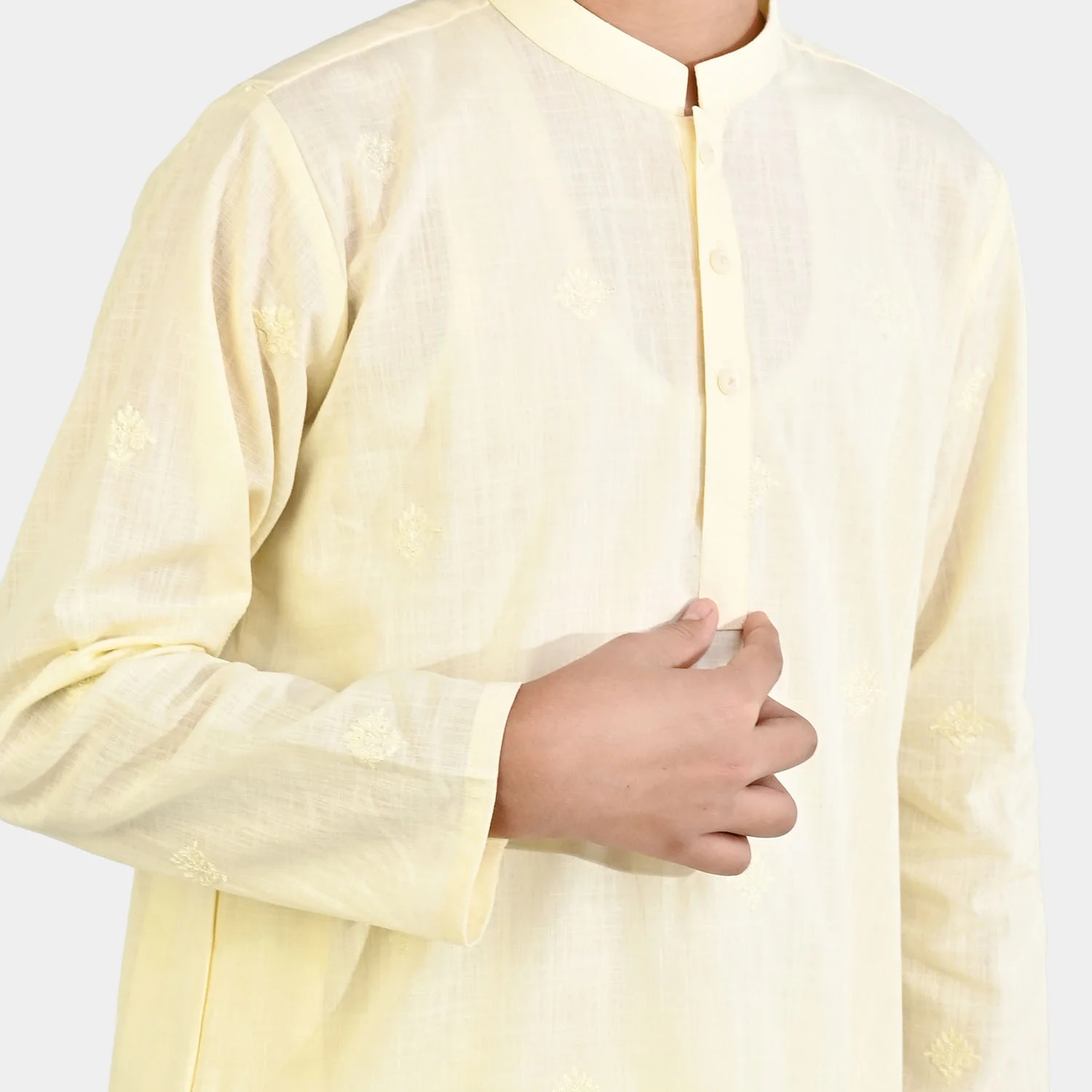 Boys Cotton Slub Kurta Pajama - Lemon/Yellow - Image 2