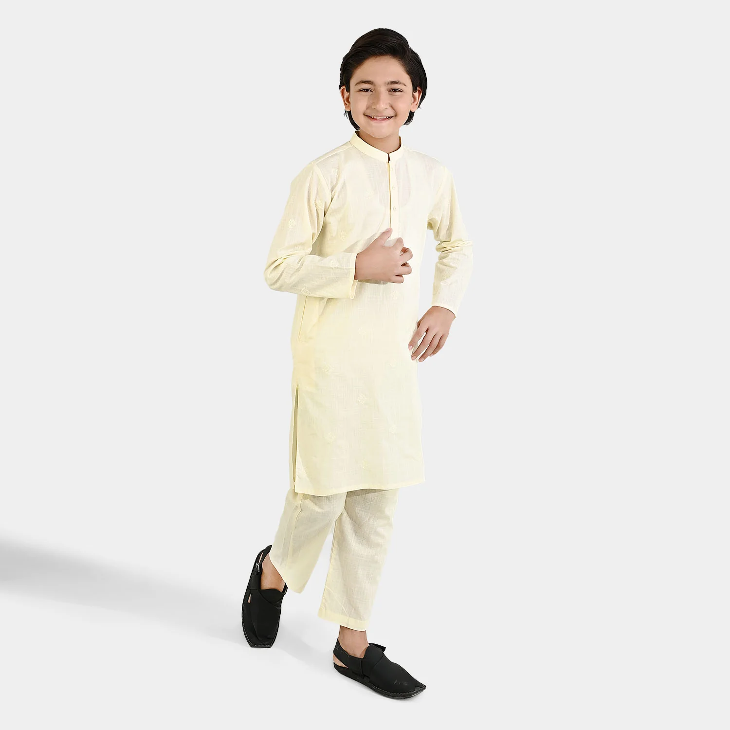 Boys Cotton Slub Kurta Pajama - Lemon/Yellow - Image 3