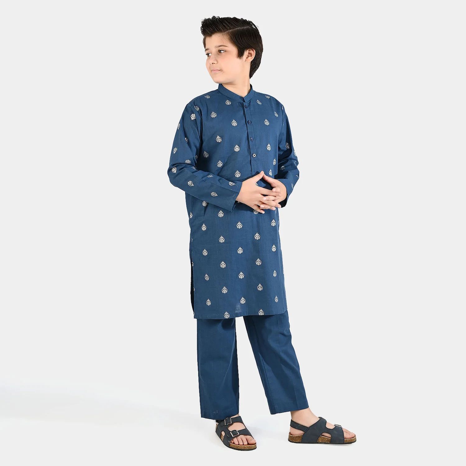 Boys Cotton Slub Kurta Pajama - Blue Opal - Image 2