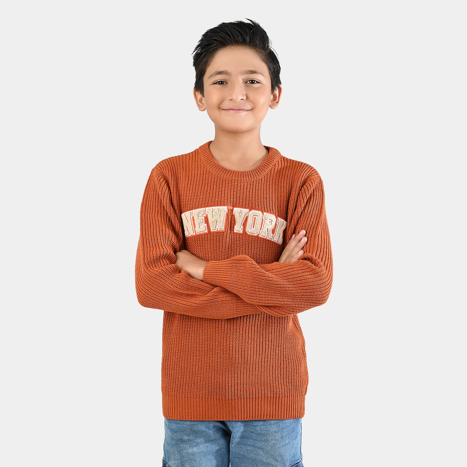 Boys Feather-Acrylic Sweater-New York-BROWN - Image 3