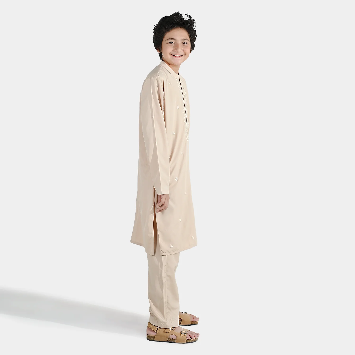 Boys Poly Viscose Kurta Pajama - Beige - Image 4