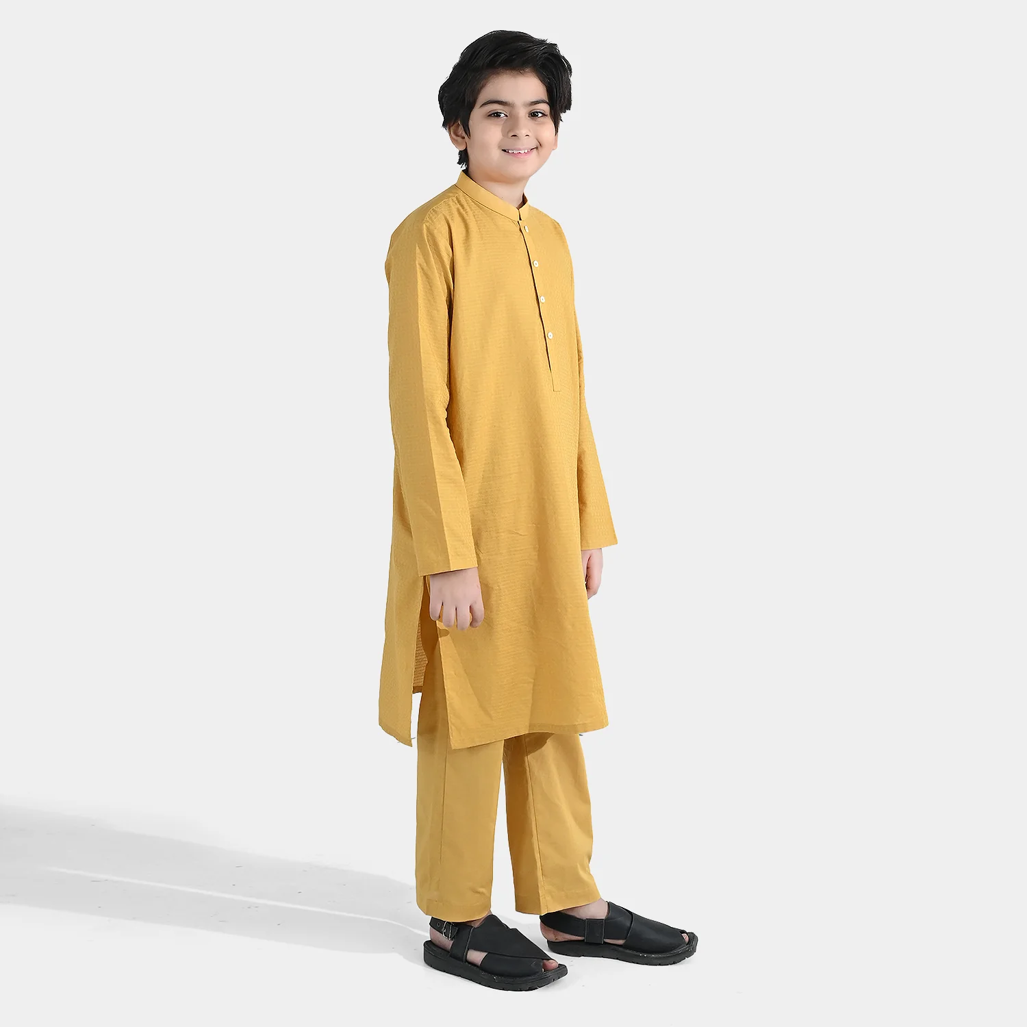 Boys Cotton Jacquard Kurta Pajama - Yellow - Image 4