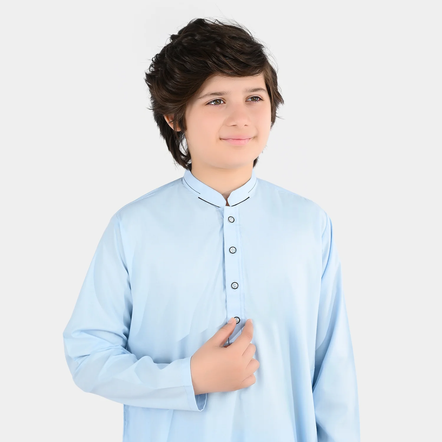 Boys Poly Viscose Kurta Pajama (Cut Collar) - Light Blue - Image 2