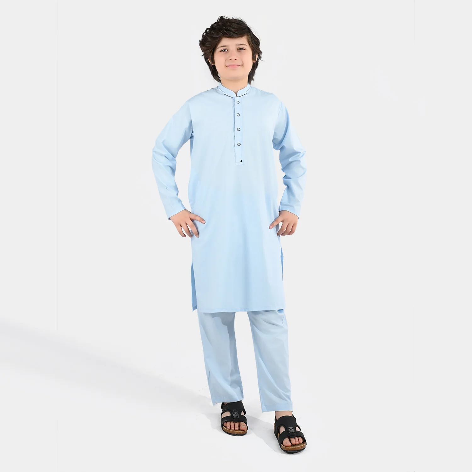 Boys Poly Viscose Kurta Pajama (Cut Collar) - Light Blue - Image 3