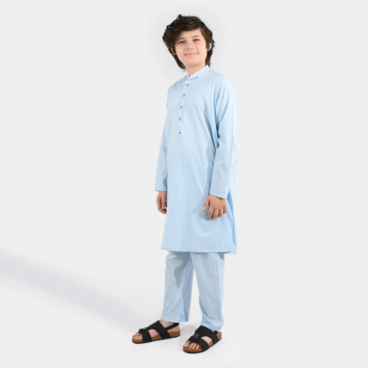 Boys Poly Viscose Kurta Pajama (Cut Collar) - Light Blue - Image 4
