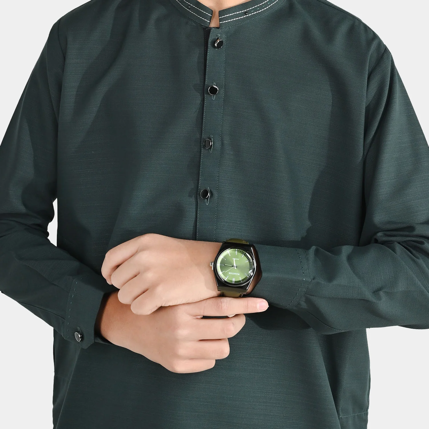 Boys Poly Viscose Kurta Pajama (Running Stitch) - Teal Green - Image 2
