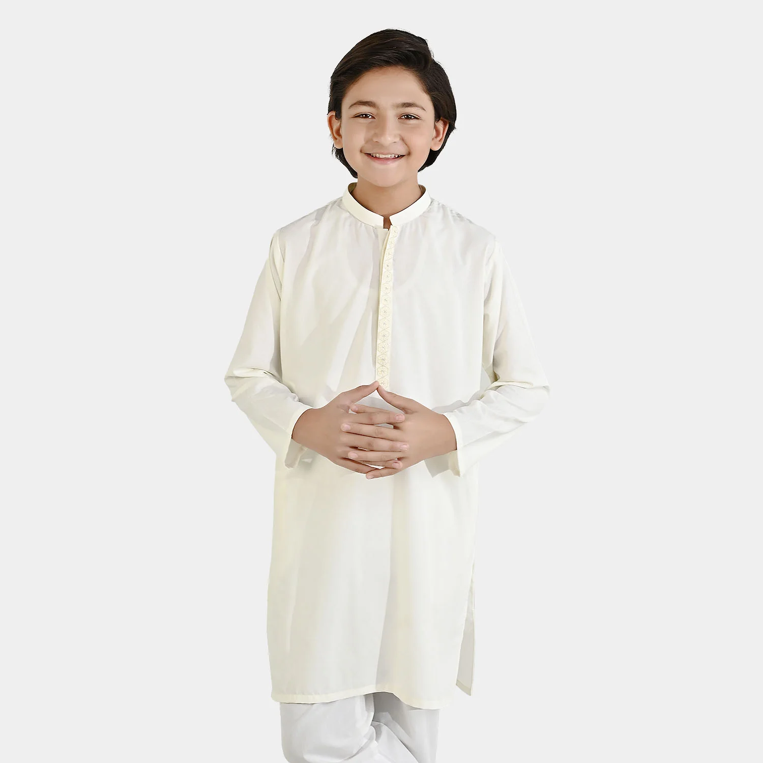 Boys Poly Viscose Embroidered Kurta (Lurex) - Cream - Image 2