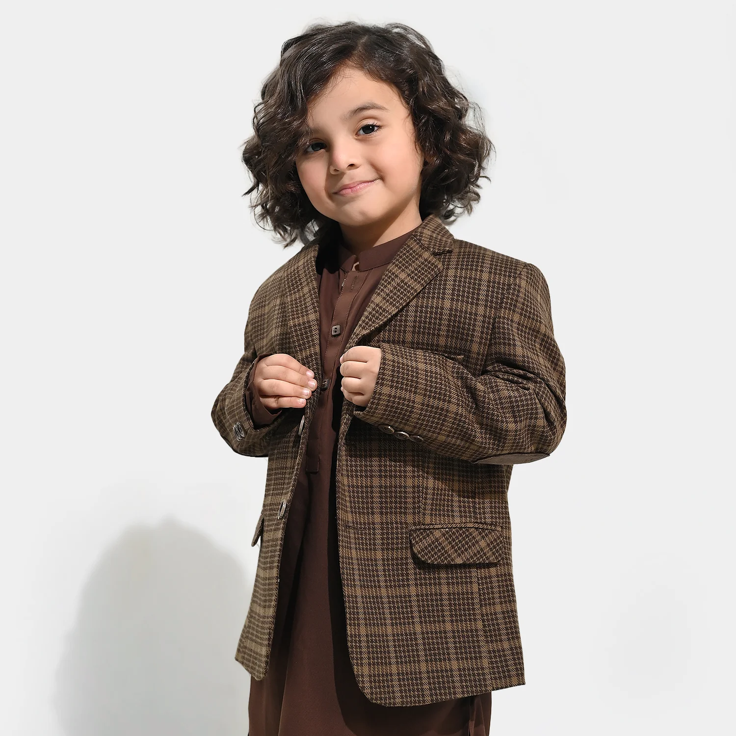 Boys Wool Blazer (Patch) - BROWN