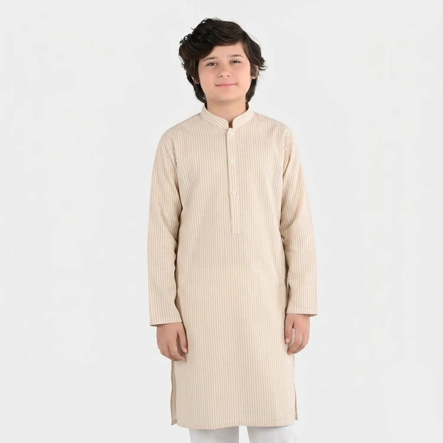 Boys Yarn Dyed Basic Kurta (Stripe) - Beige